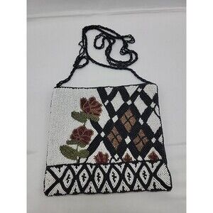 Womens Handmade Beaded Crossbody Purse Floral Pattern 7x7.5